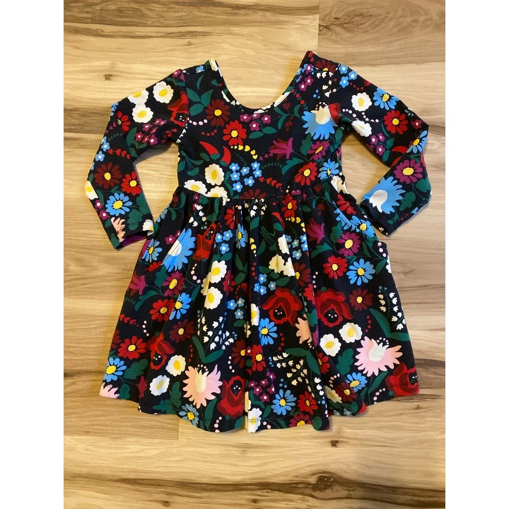 Hanna Andersson Celebration Skater Dress Girls Floral Long Sleeve 90cm US 3